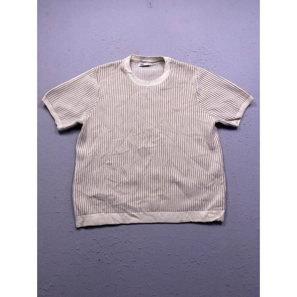 Zara Knit Top Ribbed Cotton Tan Cream Striped Medium Mens